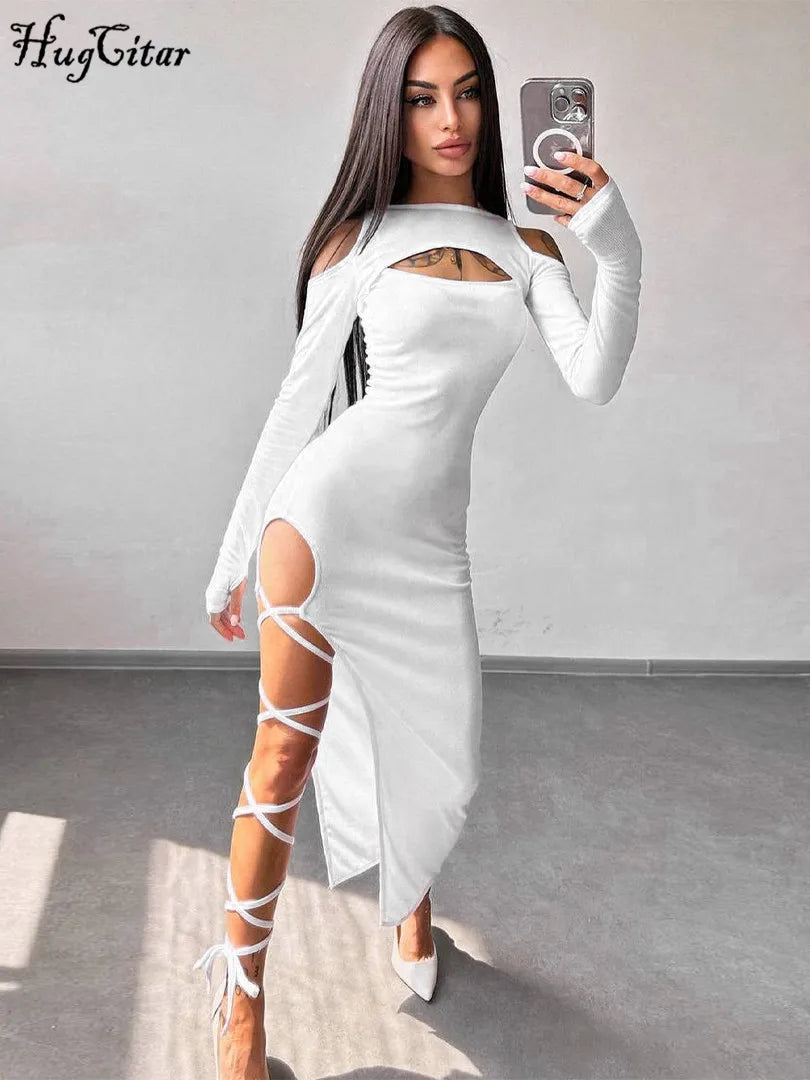 Hugcitar Long Sleeve Solid Hollow Out Slit Lace Up Elegant Sexy Bodycon Maxi Prom Dress 2023 Fall Women Birthday Party Outfit "