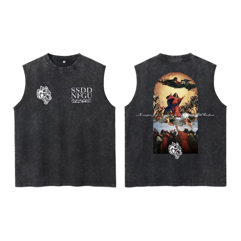 Summer Darc Wolves Vintage Washed Vest Tees Unisex Sleeveless Tank Top for Men Women Gym Bodybuilding Fitness Y2K Casual T-Shirt
