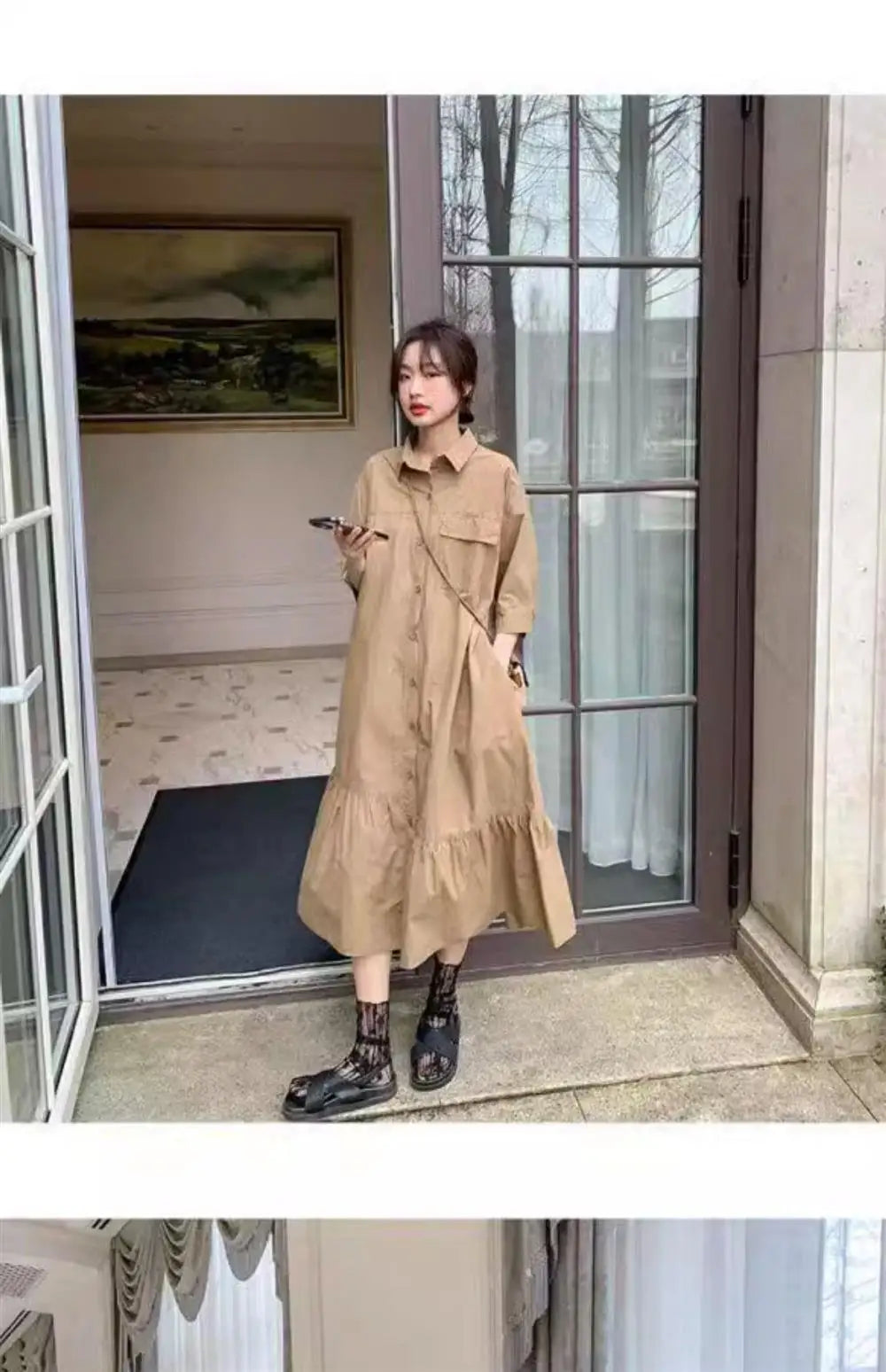 plus Size Khaki Shirt Dress Women Casual Summer Loose Fit High Waist A-Line Skirt Long Sleeve Polo Collar Polyester Fiber