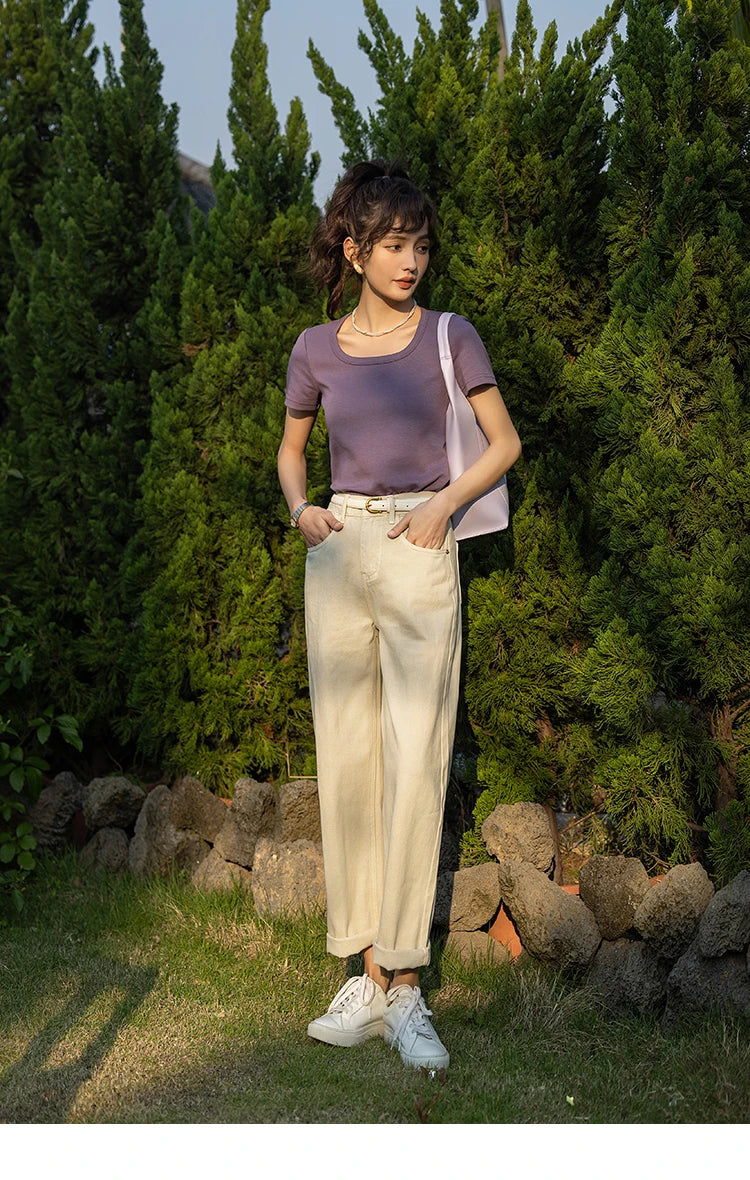 MISHOW Short Sleeve T-shirts Women Spring Solid Square-neck Top Elegant Woman Clothes Office Lady Cotton Tees MXC12T0641