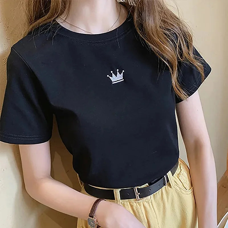 Fashionable Letter Embroidery Short Sleeve T-Shirt Women's Loose-Fit Summer New Style Slimming Base Layer Korean Version