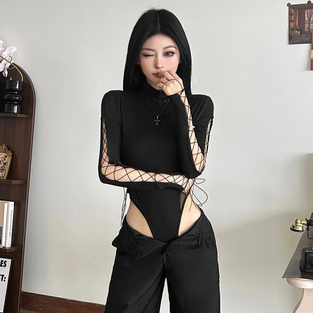 SylCue Irregular Hollow Solid Skinny Bodysuit Women Turtleneck Shirring Full Sleeve Spicy Girl Fashion Trend Classic Streetwear