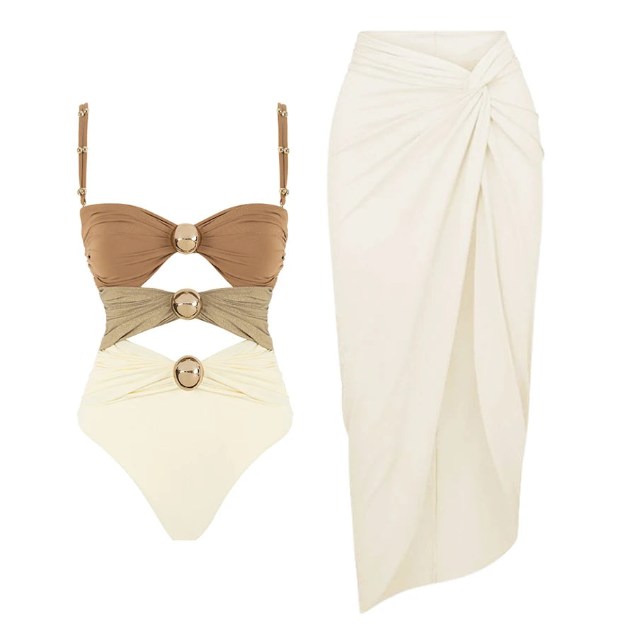 2024 New Off Shoulder Bow Tie One Piece Swimsuit Set Summer Swimwear Women Beachwear Luxury Bathing Suit