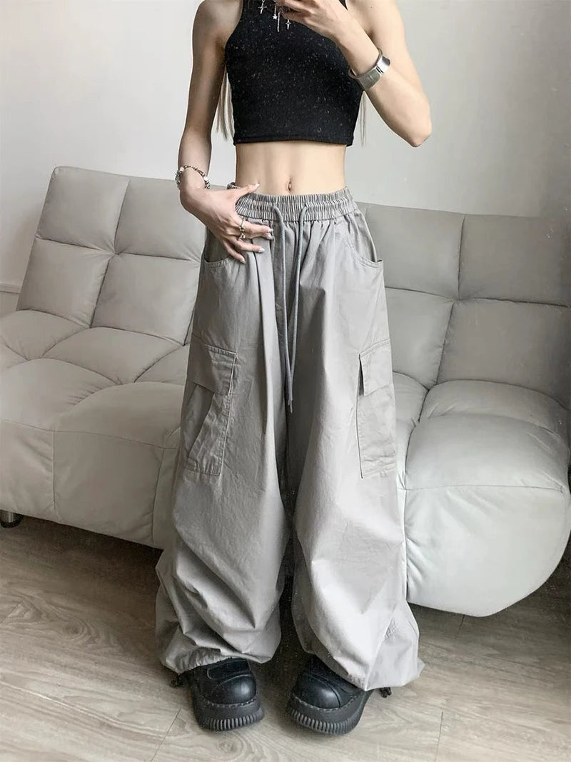 Zoki Loose Vintage Y2K Cargo Pants Women Streetwear American High Waist Trousers Casual Big Pockets Bf Retro Harajuku Pants New