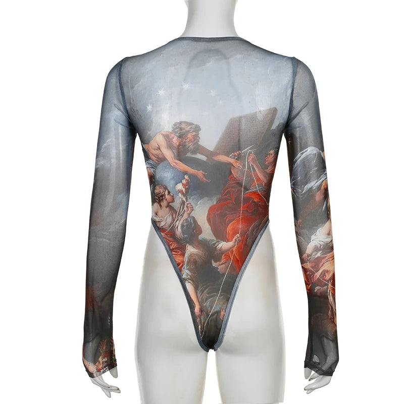 Rockmore  Vintage Printed Mesh Bodysuits Women Lace Bow Square Neck High Waist Wrapping Long Sleeve Bodysuit Halloween Christmas