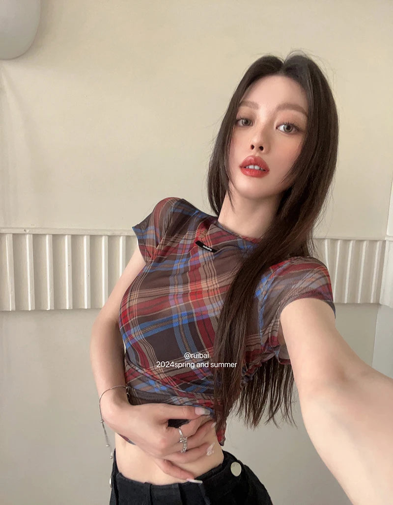 Genayooa Y2k Vintage Mesh Tops Short Sleeve See Through Plaid T Shirt Women Streetwear 2000s Japanese Fariycore Tee Tops Summer