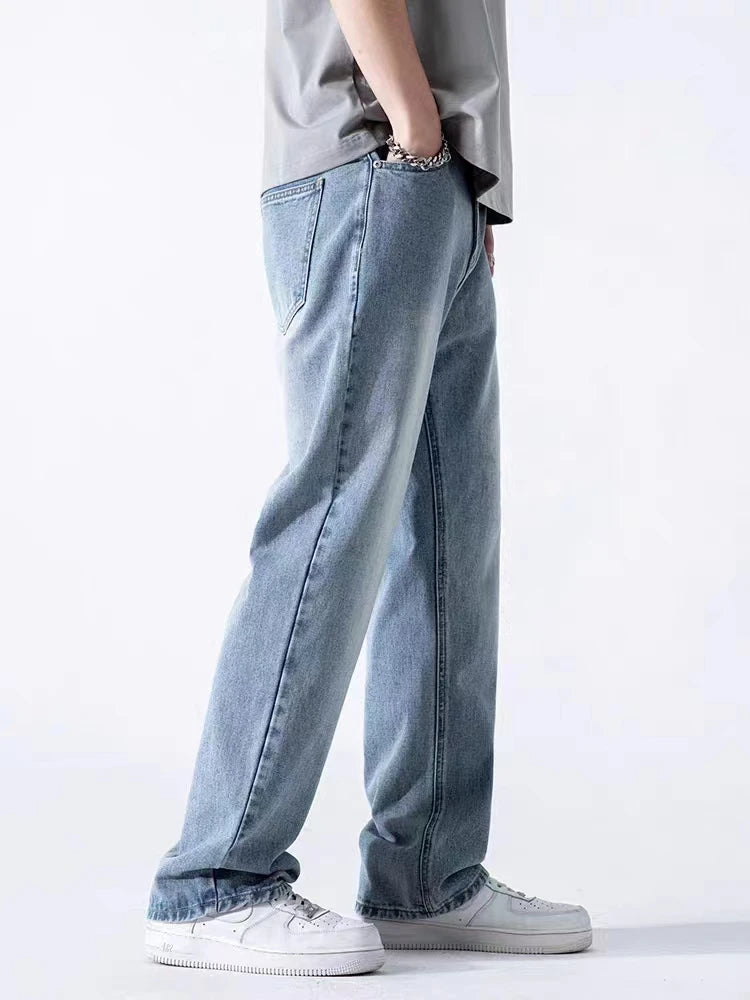 Spring Autumn Men's Jeans Straight Denim Pants Banding Waist Cotton Streetwear Wide Leg Loose Casual Blue Long Jeans Trousers