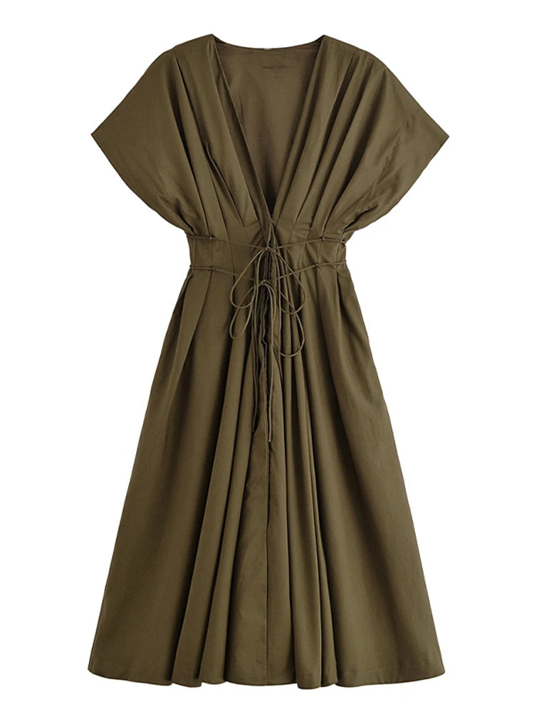 Summer Pleated A-line Midi Dress Women's Casual Lace Up Loose High Waist Solid Robes 2025 Office Lady Commute Street Vestidos