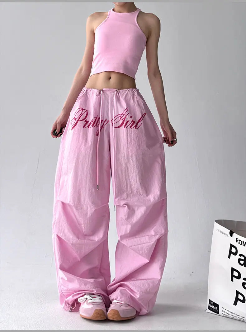 American retro black printed Spice Girls Street Dance Scimitar Pants Women's Loose Design Splicing Summer New Wide Leg Pants