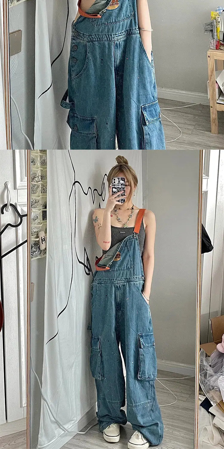 Cool Girl Style Embroidered Spicy Ink Denim Strap Jumpsuits Women's Autumn/Winter Large Loose and Slim Retro One Piece Pants