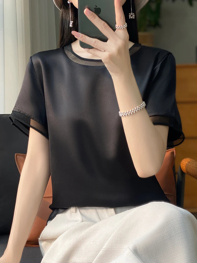 Oversize New Arrival T-Shirt Silky Satin Surface Women's Tees Short ONeck Tank Top Casual Slim Solid Lady Clothes Fashion Trends