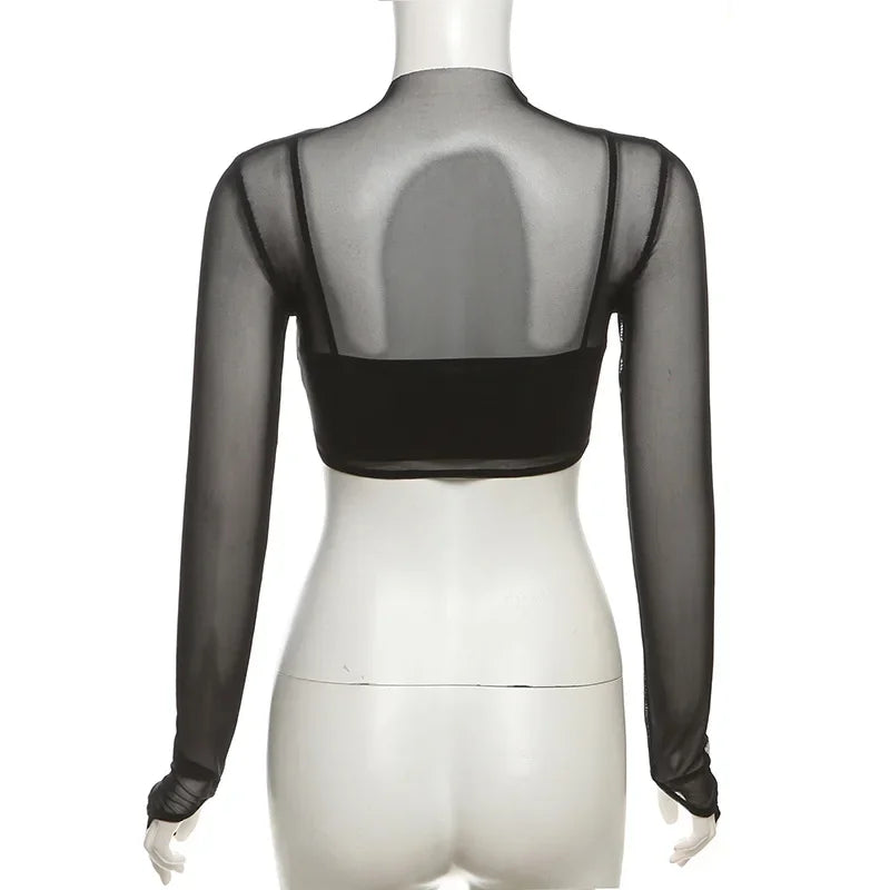 See Through Y2k Clothes Hollow Out Mesh Crop Top Skinny Camisole Mini Ropa De Mujer Rave Outfits 2 Pcs Set T Shirts For Women
