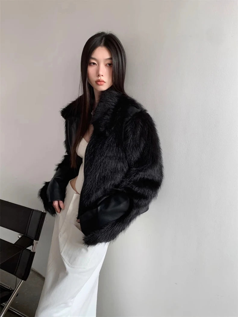 Lautaro Autumn Winter Cool Short Black Soft Thickened Warm Hairy Shaggy Patchwork Faux Fox Fur Coat Women Fluffy Jacket 2023