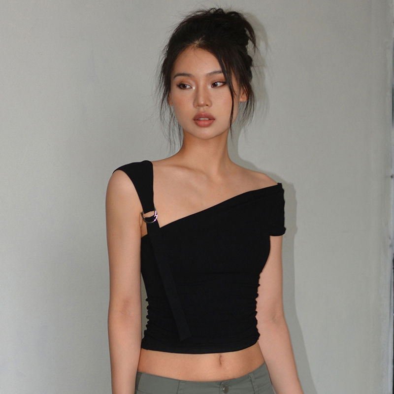 Summer T-shirts Women Sexy Folds Sweet Irregular Bandage Design Slim Chic Skew Collar Crop Tops Aesthetic Club American Clothes