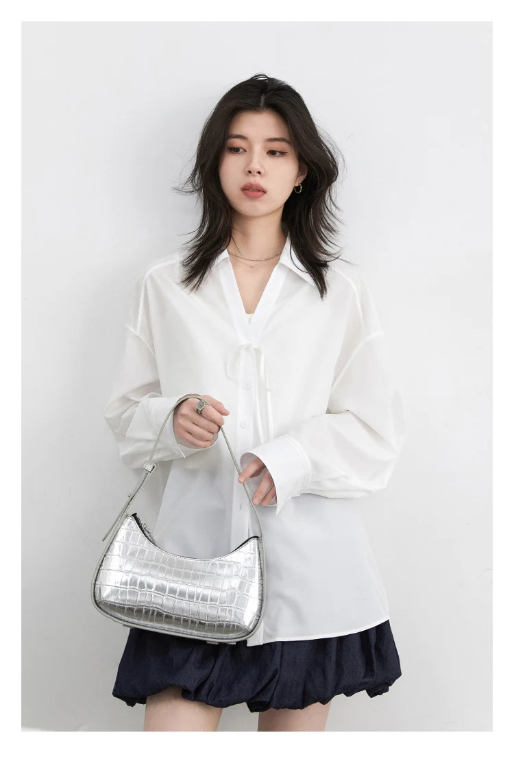 CHIC VEN Women Shirt Loose Casual Solid New Lapel Tie Design Sun Protection Blouses Long Sleeved Female Coat Summer 2025