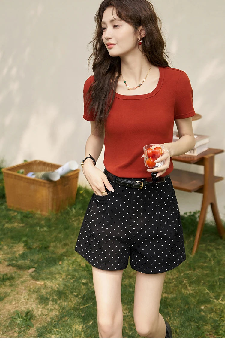 MISHOW Short Sleeve T-shirts Women Spring Solid Square-neck Top Elegant Woman Clothes Office Lady Cotton Tees MXC12T0641