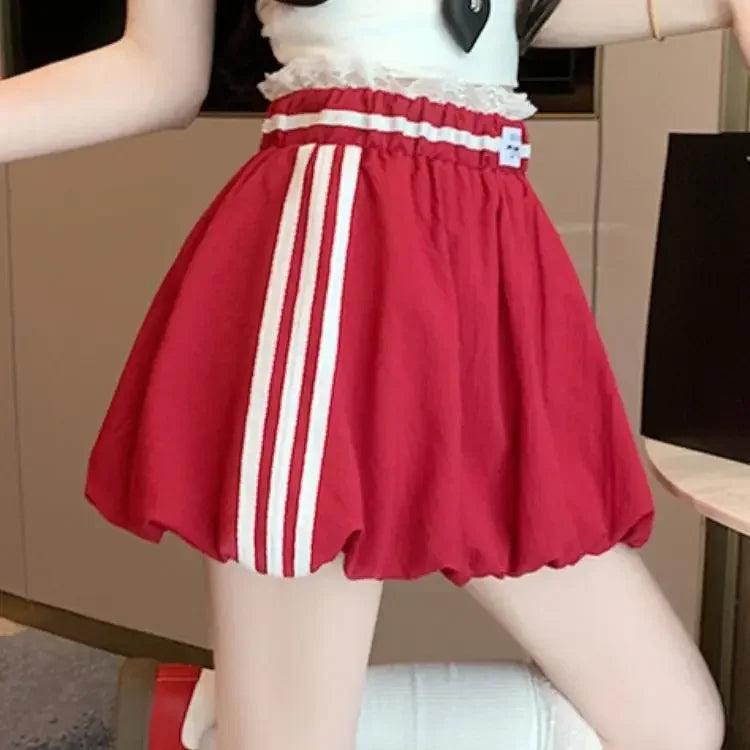 American Style Spliced Lace Stripe High Waist Half Skirt Women Summer Anti Exposure Flower Bud Puffy Short Skirt Polyester Fiber