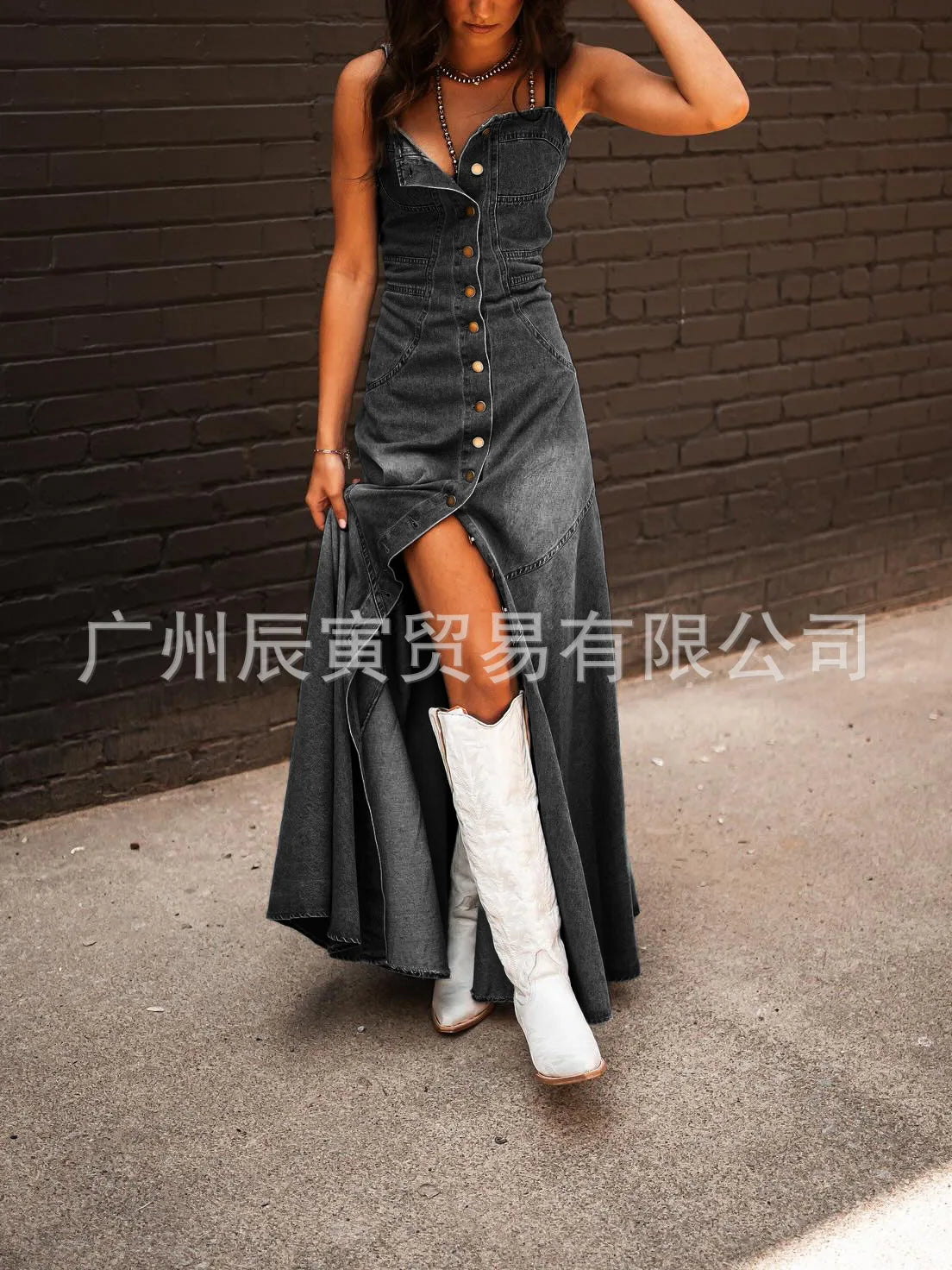 Europe and The United States Retro Wash Do Old Denim Halter Slim Single-breasted Big Swing Dress for Women's Summer Vestidos
