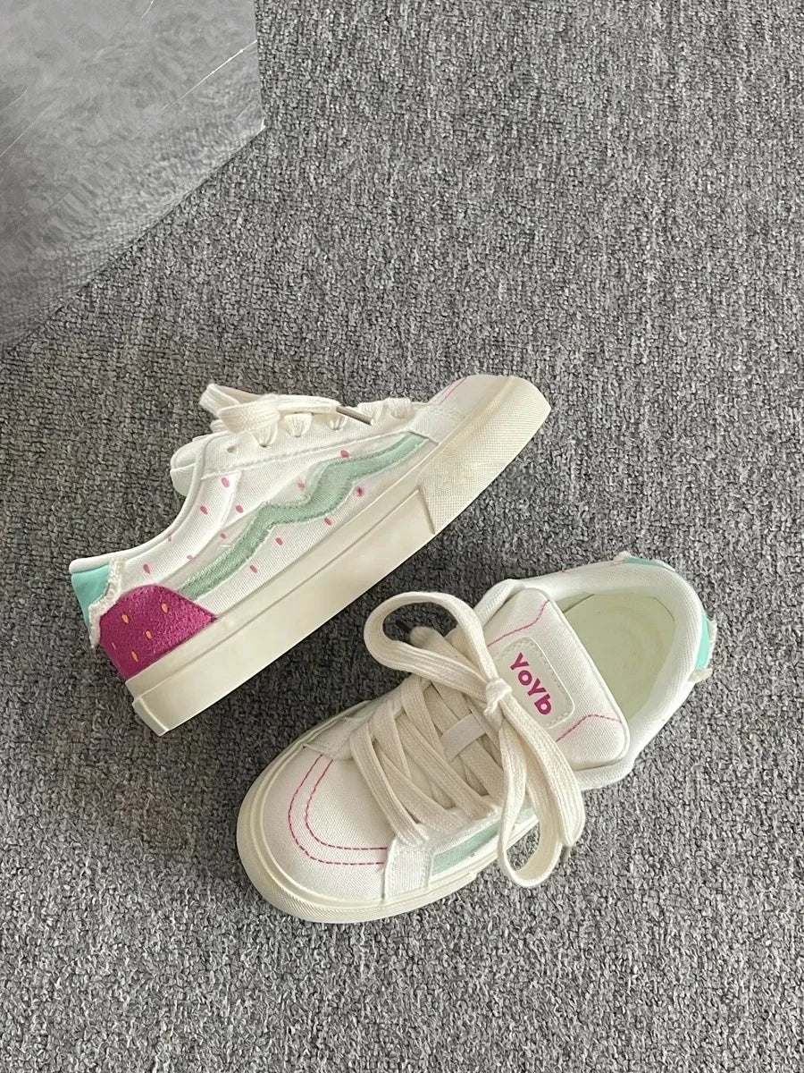 Korean Style Thick Bottom Canvas Shoes Women's Low Top Casual Student Sneakers Flat Heel Cotton Lined Adult Pure Color