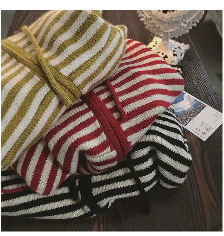 Contrast Color Stripe Hood Knit Cardigan Women Autumn and Winter New Loose Design Sense Long Sleeve Cardigan Sweater Outerwear