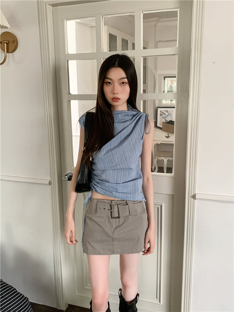 CHEERART Y2k Fashion Blue Striped Ruched Shirring Crop Top For Women 2023 Sleeveless Tees Crew Neck Short T Shirt Summer