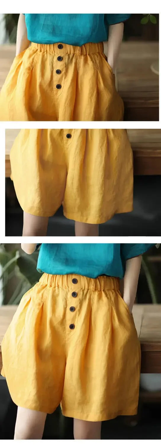 Vintageartistic High-waisted Slimming Cotton Linen Shorts For Women Casual Loose-fit Bell Bottoms 2024 New Style