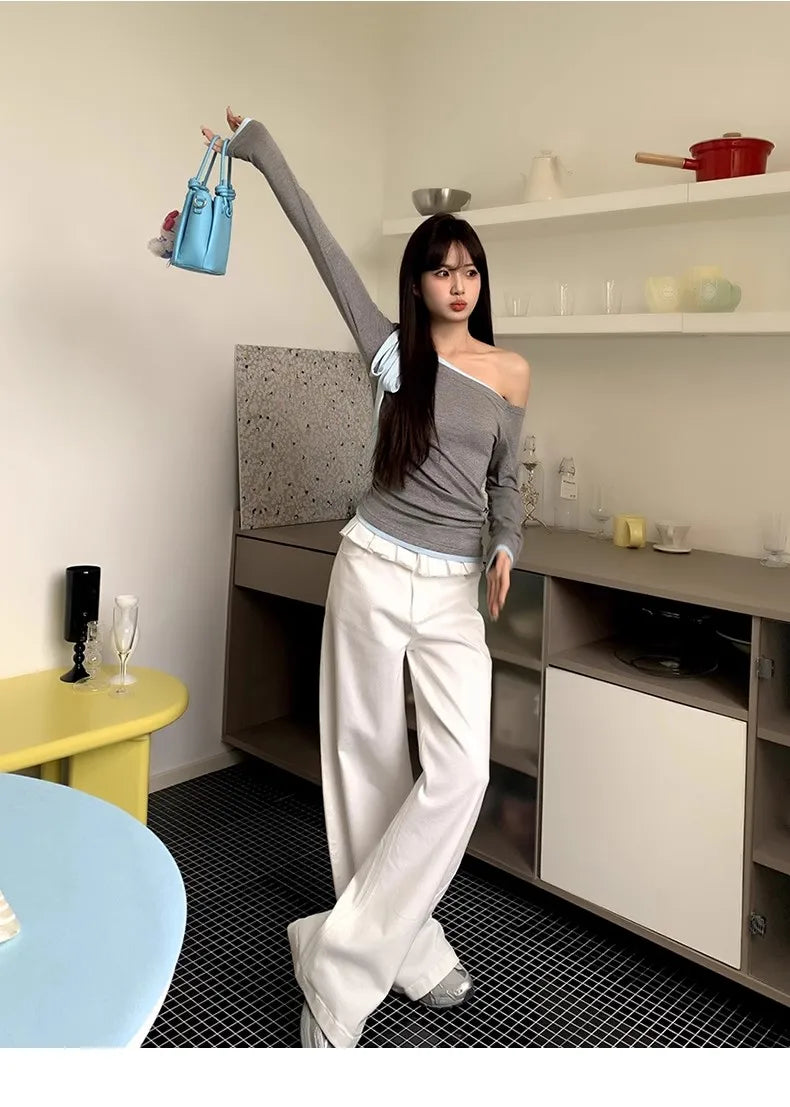 Casual Patchwork Pleated Wide Leg Pants Loose Solid High-Waisted Straight Pants Women Fashion Streetwear Lady Jeans