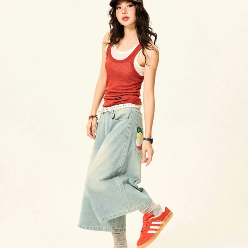 Summer High Street Letter Printing Washing Denim Shorts Men and Women American Retro Casual Loose Straight Cropped Pants Trendy