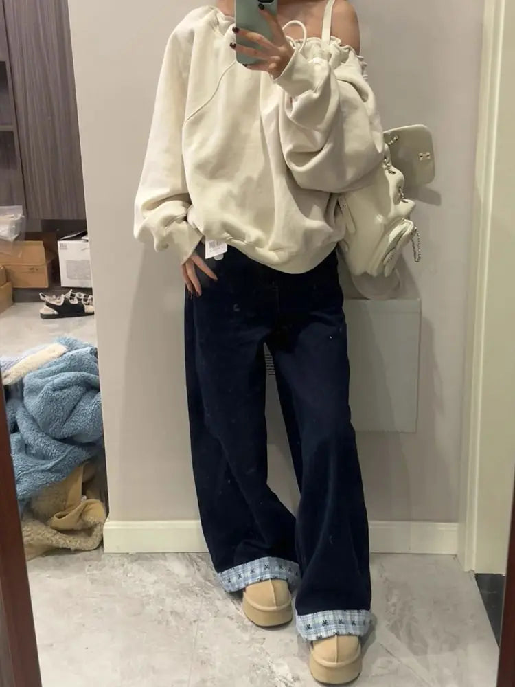 High Waist Turn-Up Wide Leg Straight Denim Pants Women Summer Japanese High Street Bow Knot Plaid Design Casual Patchwork Jeans