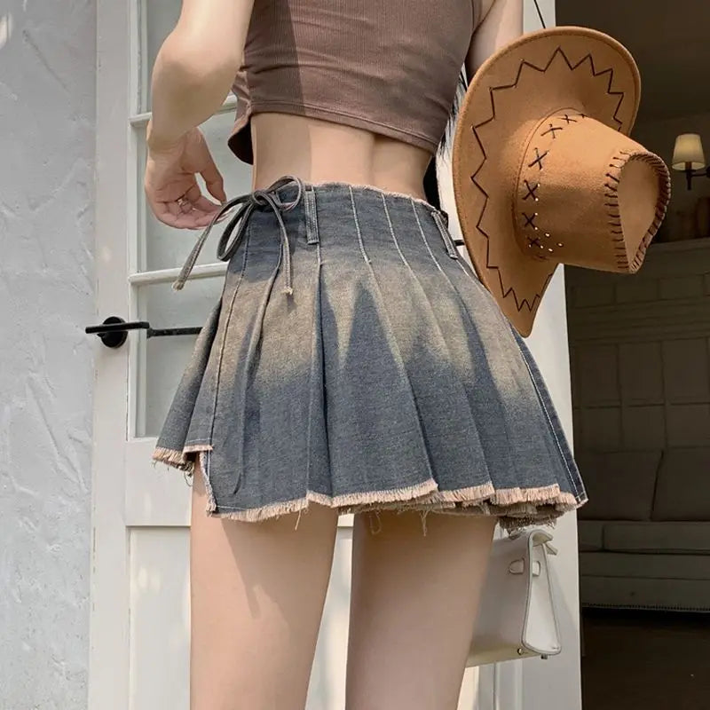Mini Pleated Denim Skirts for women Bandage Skirts, Korean Chic fashion Female streetwear, casual tender basic Hotsweet Summer