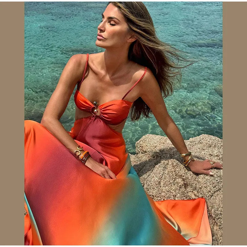 Summer New Colorful Print Beach Dress For Women Sexy Hollow Out High Waist Pleated Maxi Dresses 2025 Vocation Female Vestidos