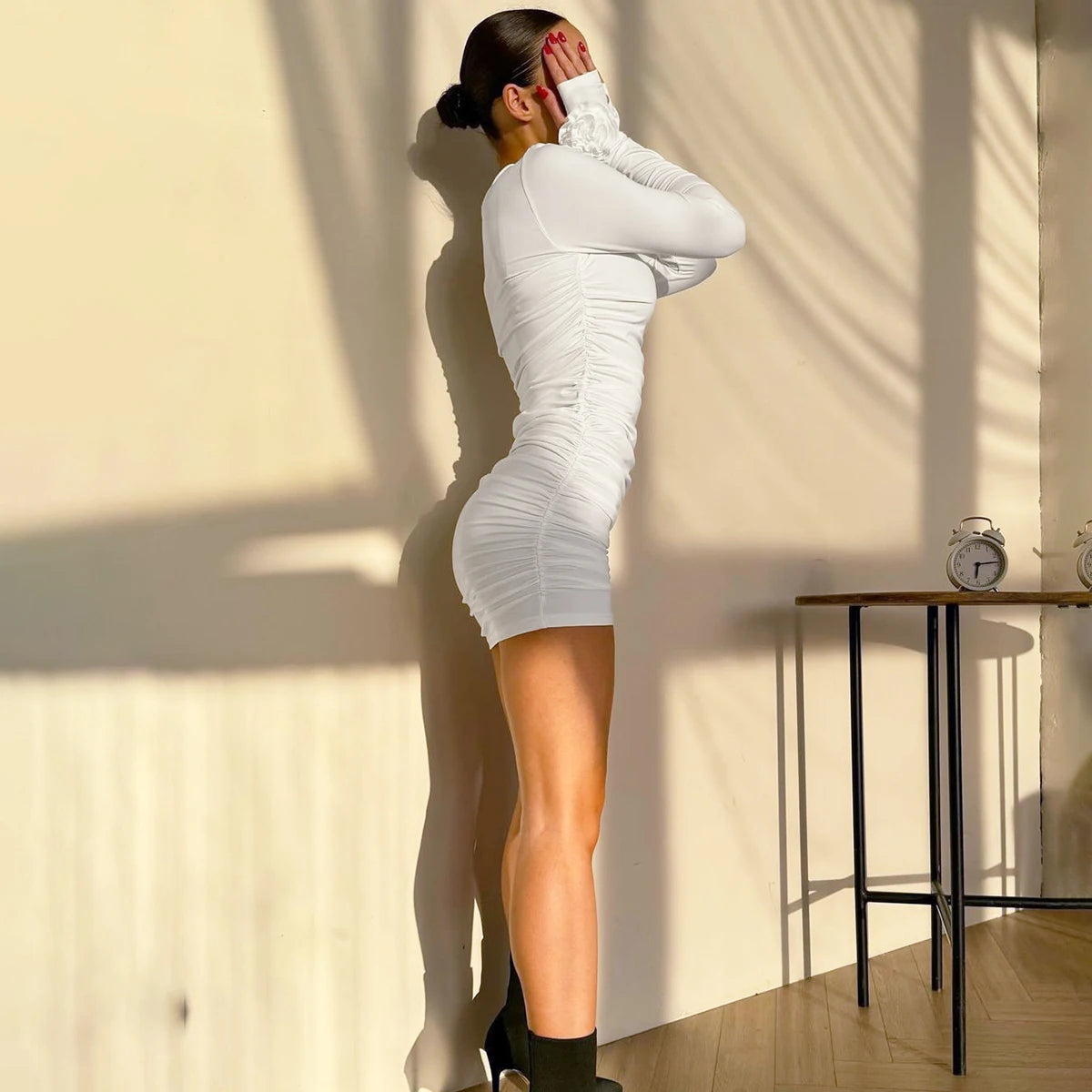 Hugcitar 2025 Elegant Solid Long Sleeve Tie Flowers Sexy Bodycon Pleated Mini Dress Spring Women Outfits Birthday Party Festival