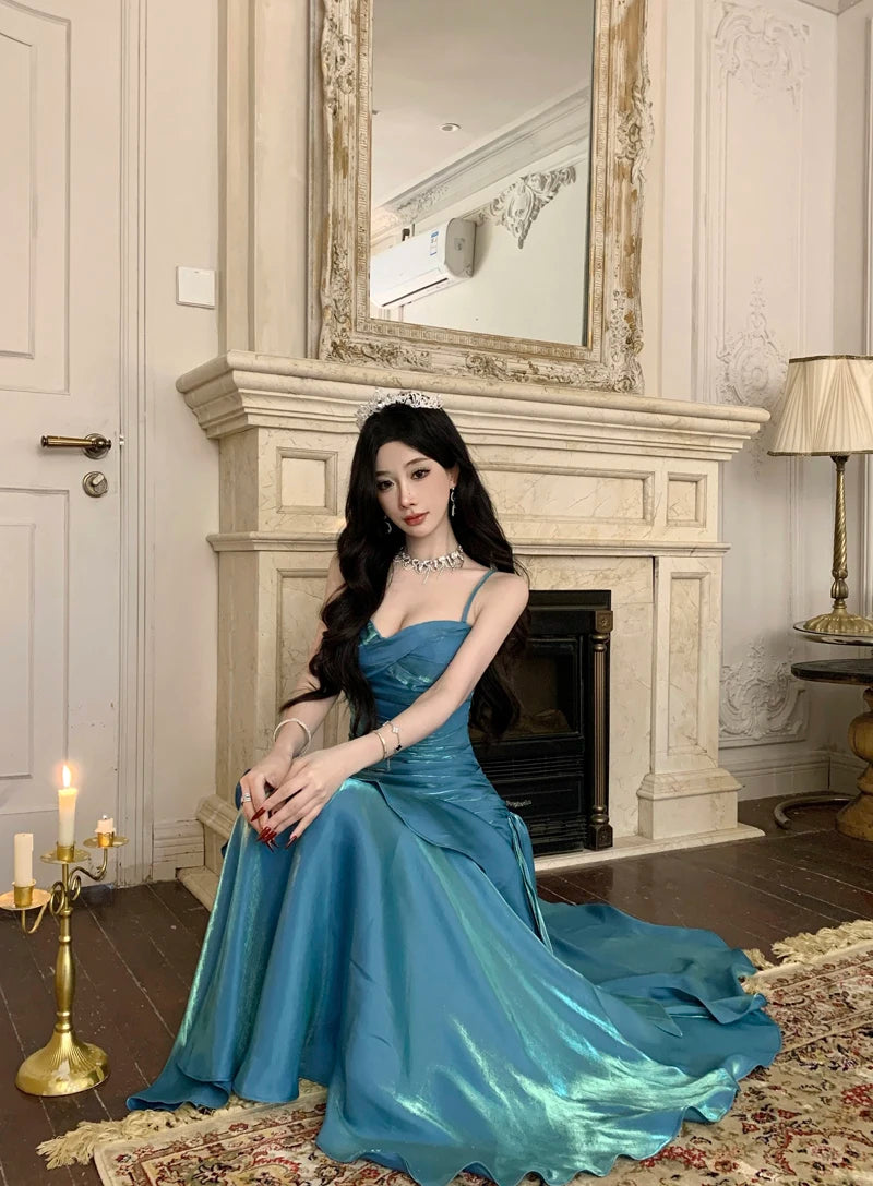 Sexy Shiny Glitter Mermaid Evening Party Prom Gowns Spring Summer Spaghetti Strap Ruffled Dresses Sleeveless Slim Waist Robe