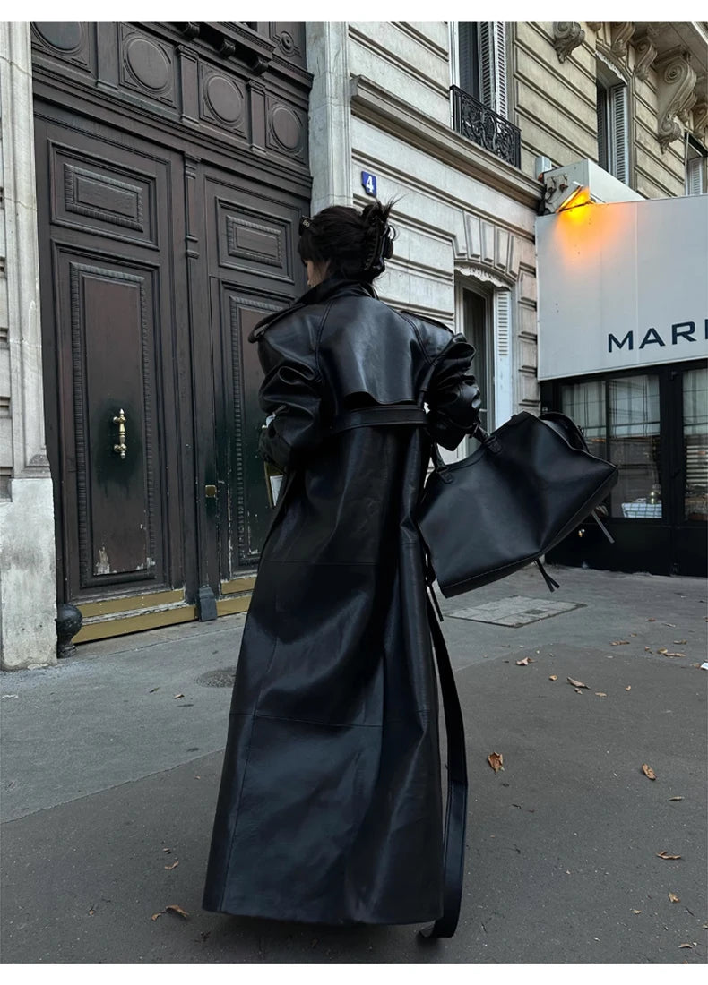 Lautaro Spring Autumn Extra Long Black Pu Leather Trench Coat for Women with Back High Slit Luxury Chic European Fashion 2024