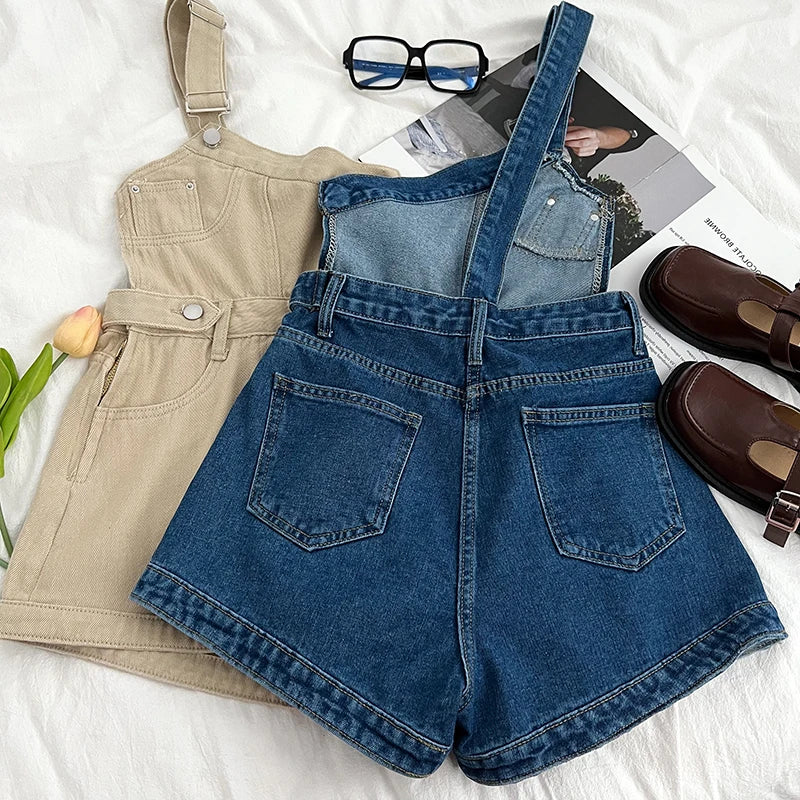 Casual Denim Jumpsuits Women Spring Summe Retro Short  Fashion  One-shoulder Wide Leg Pants 2024 New Cool Girls Streetwear