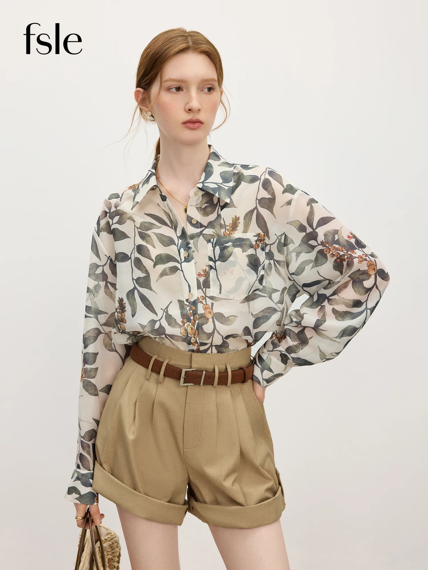 FSLE Holiday Style Plant Print Loose Shirt For Women Summer 2025 New Arrival Temperament Commuter Chic Shirt 25FS12848