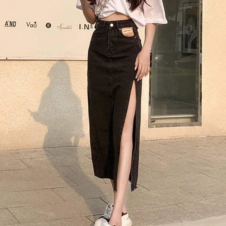 Mid-Length Denim Mini Skirt for Women High Waist Slimming Split Knee-Length Summer Trendy Cotton Half Body Skirts