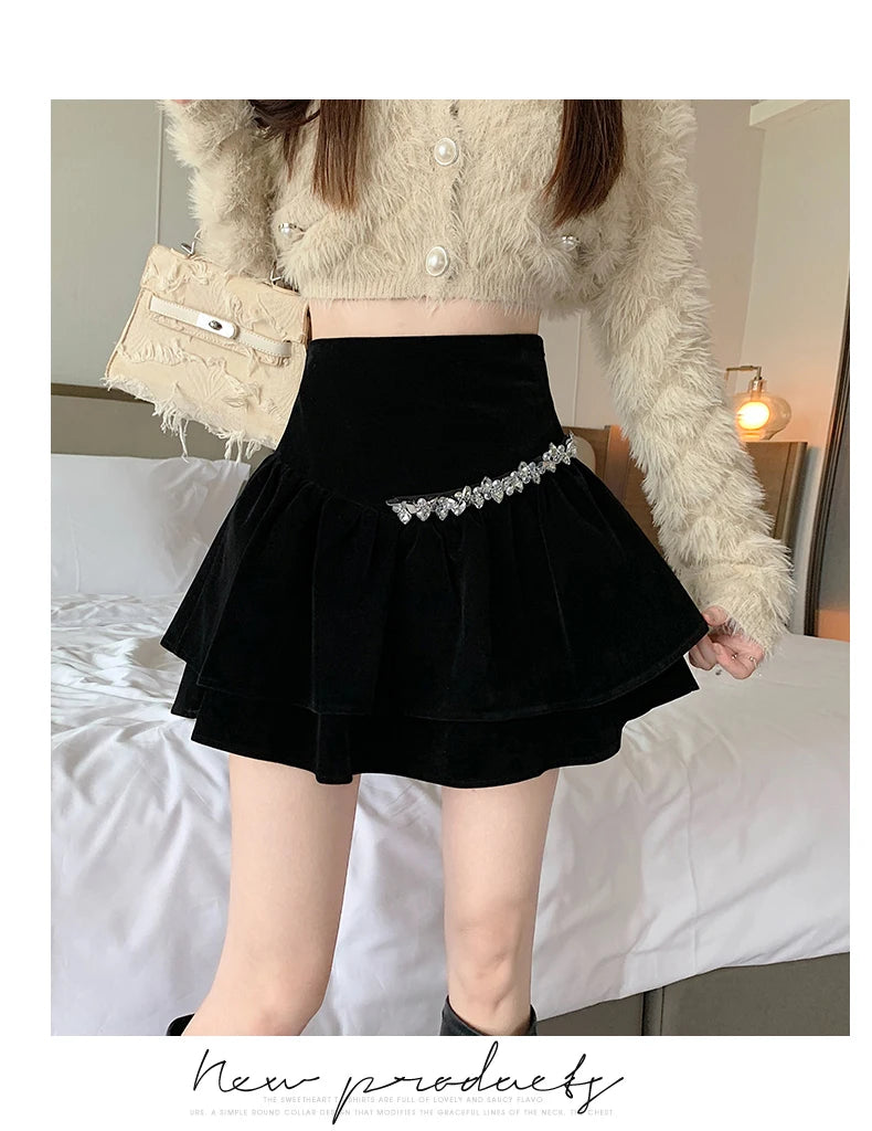 Bla Velvet Cake f Skirt Women's Autumn Winter High Waist A-Line Fluffy ort Skirt Small Size Pleated f Skirt