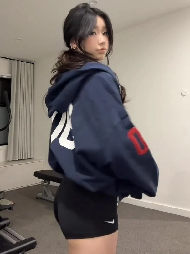 Embroidered Oversize Fce Lined Hoodie Cardigan Women's Spor Chic Autumn Winter Loose Fit Long Sve Cotton Jaet