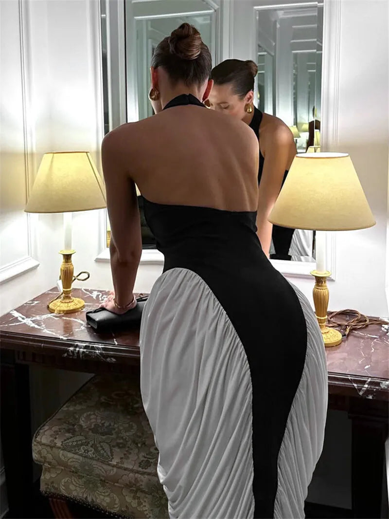 Mozision Patchwork Halter Backless Sexy Midi Dress Women Gown Elegant Fashion Contrast Color Sleeveless Pleated Long Dress