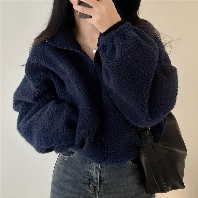 Women's Winter Autumn Fleece-lined Thickened Stand Collar Short Sweatshirt Loose-fit Idle Style Cardigan Zip-up Jacket