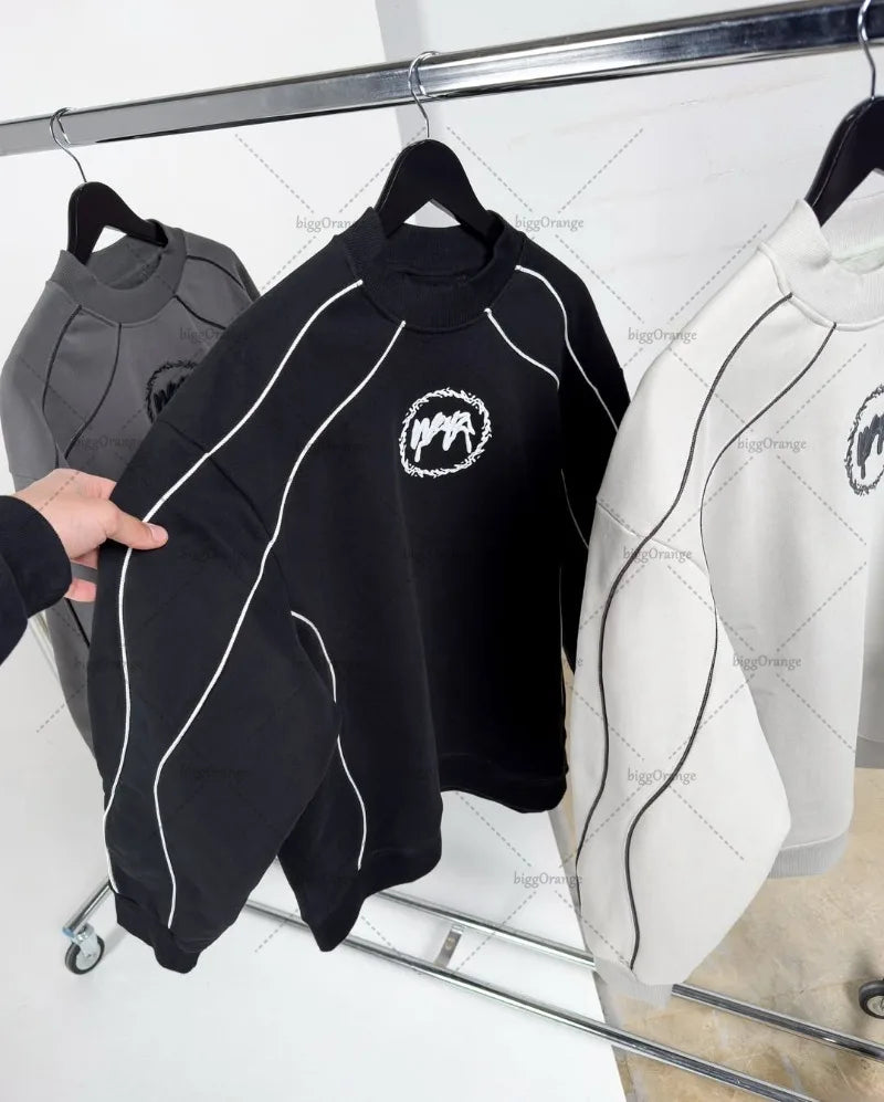 Punk Fashion Striped Casual Round Neck Oversized Hoodies Men New American Street Hip-hop Harajuku Retro Y2K Loose Sweatshirt