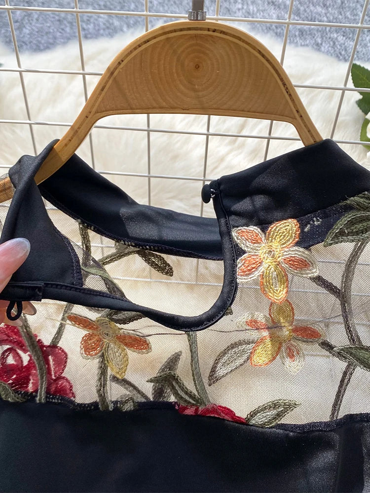 Women's Black Gothic Vintage Jumpsuits Y2k Harajuku Embroidery Overalls Korean Aesthetic 2000s Exotic Sexy Mesh Rompers Clothes