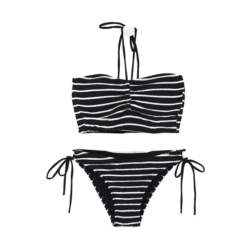 Sexy Backless Stripe White Swimsuit Bikini Pure Desire Style Vacation Separate Swimwear Highlight Skin Color New 2025 Model