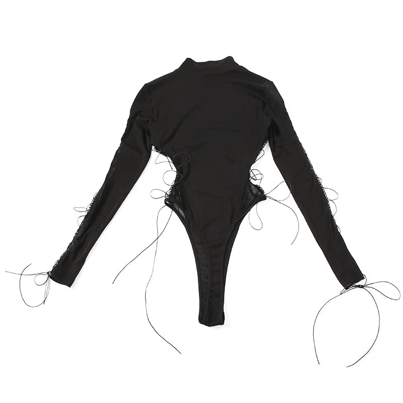 SylCue Irregular Hollow Solid Skinny Bodysuit Women Turtleneck Shirring Full Sleeve Spicy Girl Fashion Trend Classic Streetwear