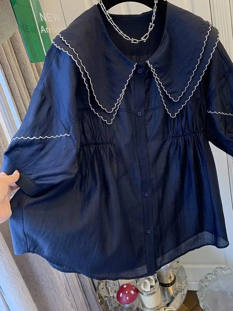 Double Peter Pan Collar Korean Loose Women tops Shirts Lantern Sleeve Shirts Summer Casual Blouse Girls New 2025