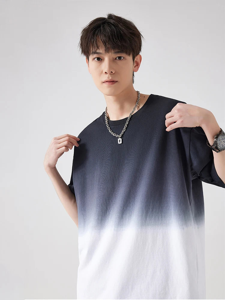 Men's Gradient Dyeing T-shirts 230Gsm Cotton Korean Vintage Street Style Oversized Tees Short Sleeve Loose Fit Basic Tops