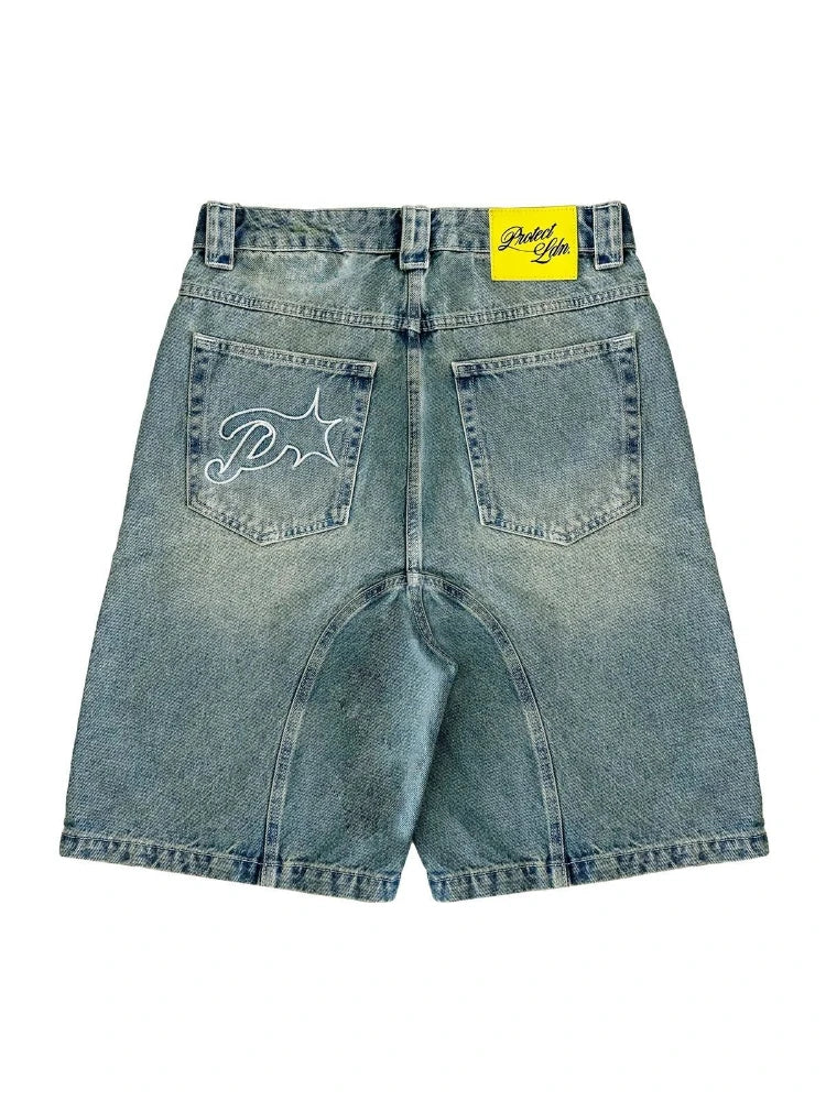 HOUZHOU Y2k Vintage Harajuku Short Jeans Women Washed Embroidery American Retro Man Denim Jorts Baggy Hip Hop Streetwear Summer