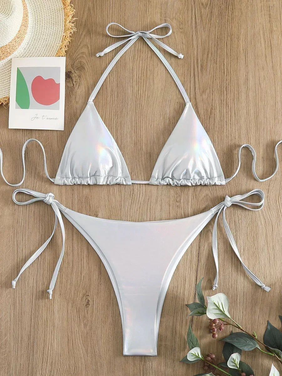 Sexy Shiny Pu Faux Leather Bikini 2025 Women Swimwear Female Swimsuit Two-pieces Bikini set String Bather Bathing Suit Swim Lady