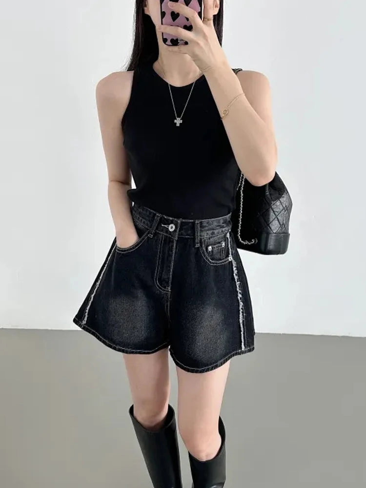 Retro Waed Distred High Waist Wide Leg Jeans orts Casual Sle A-Line Loose Fit Summer Denim orts for Women